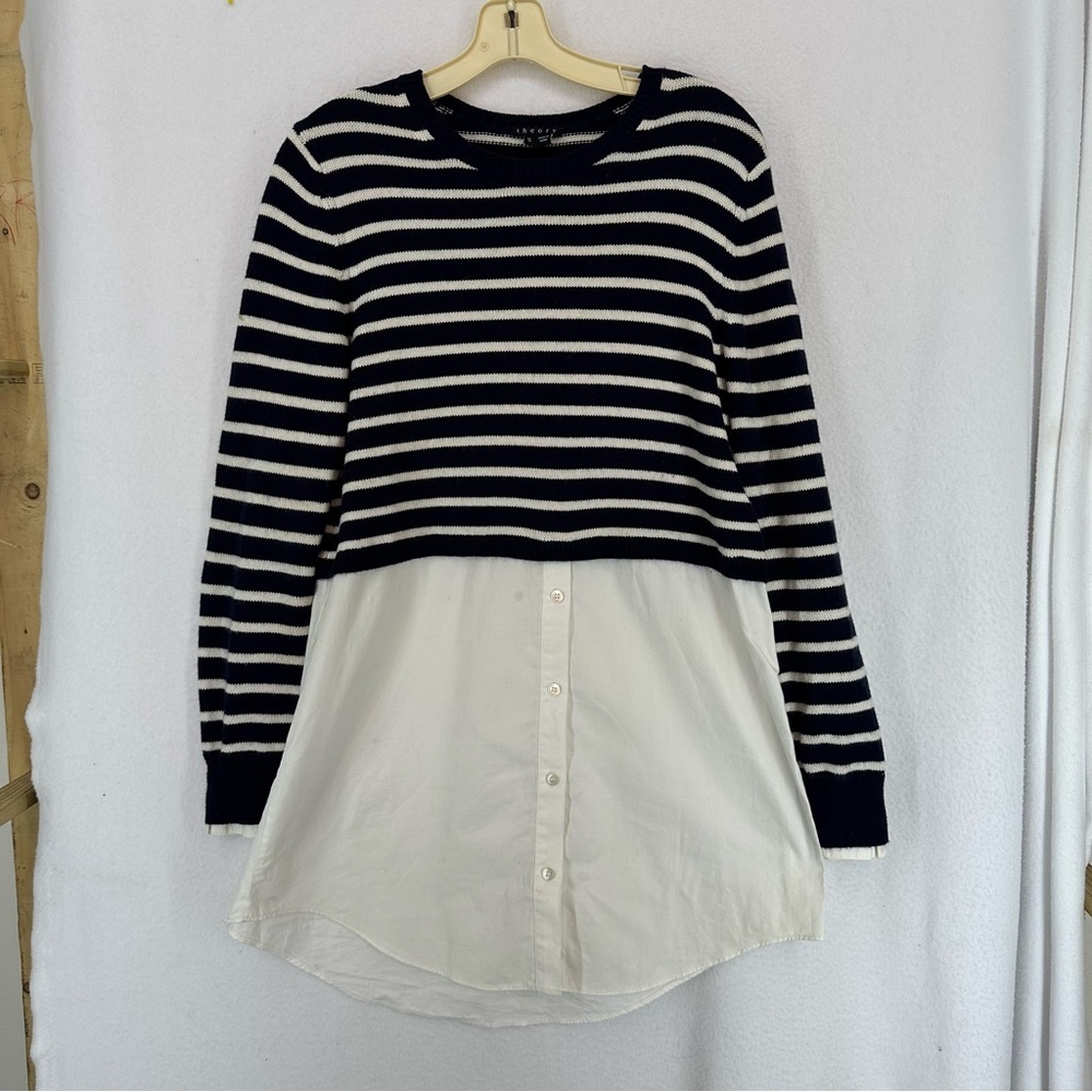Theory Rymalia Sweater Shirt Dress Tunic Top Striped Medium‎ Blue Whte